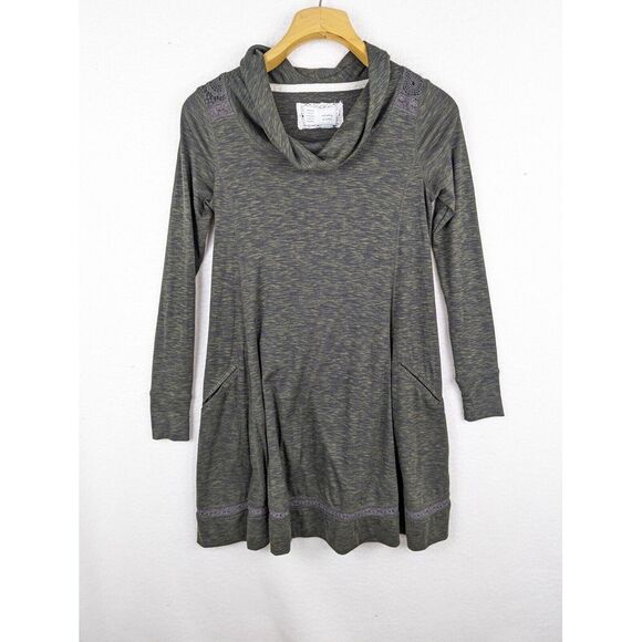 Saturday Sunday Anthro Tunic Dress Green Crochet Detail XS Cowl Neck Flared - Picture 1 of 10